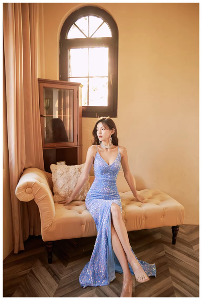 Sparkly Spaghetti Straps V Neck Blue Sequin Mermaid Slit Long Evening Dress Formal Wedding Guest Dress D2404
