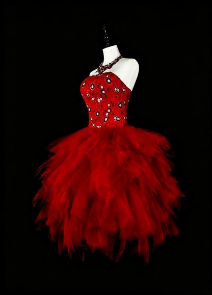 Elegant Red Satin Tulle A Line Short 6th Grade Homecoming Dress,Strapless Mini Birthday Dress D4044