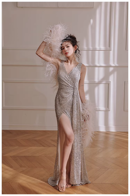 Glitter V Neck Silver Sequin Slit Mermaid Long Evening Dress Birthday Dress D2420