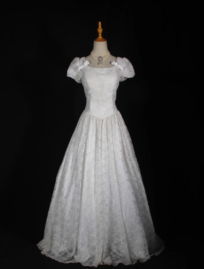 Pretty White Satin Beaded Floral Lace Ball Gown Formal Long Wedding Dress D2284
