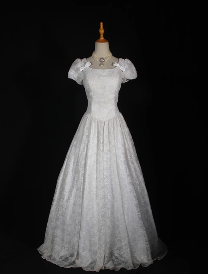 Pretty White Satin Beaded Floral Lace Ball Gown Formal Long Wedding Dress D2284