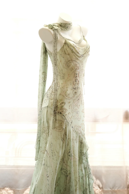 Elegant Spaghetti Straps Chiffon Beaded Ruffle Mermaid Evening Dress Mint Green Long Prom Dresses D2713