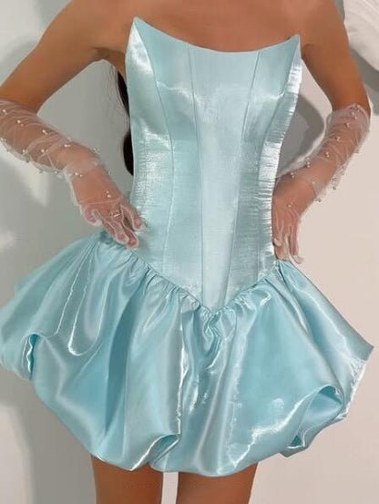 Pretty Strapless Blue Satin A Line Short 16th Birthday Outfits,Formal Graduation Homecoming Dress D3964