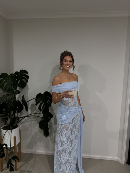 Elegant Blue Lace Sheath Long Party Dress Off The Shoulder Long Birthday Evening Dress D4694