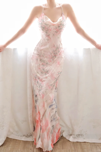 Glamorous Halter Chiffon Tie-dye Beaded Mermaid Long Party Gown Evening Dress D2712