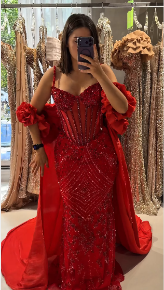 Gorgeous Spaghetti Straps Tulle Beaded Mermaid Long Party Dress Red Long Birthday Evening Gowns D5243