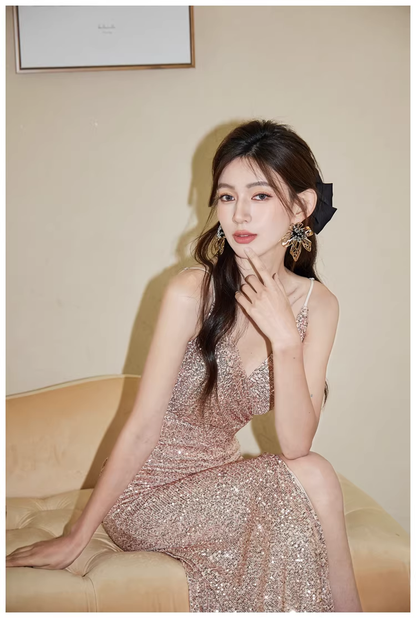 Sparkly Spaghetti Straps Champagne Gold Sequin Slit Mermaid Long Prom Dress Evening Gown D2432