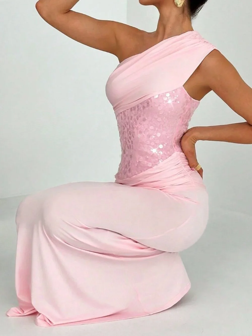 Elegant Pink One Shoulder Satin Sequin Mermaid Long Party Dress Evening Dress D3502