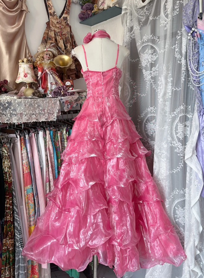 Pretty Halter Organza Pleated Pink Layered Long Party Dress Birthday Outfits D1287