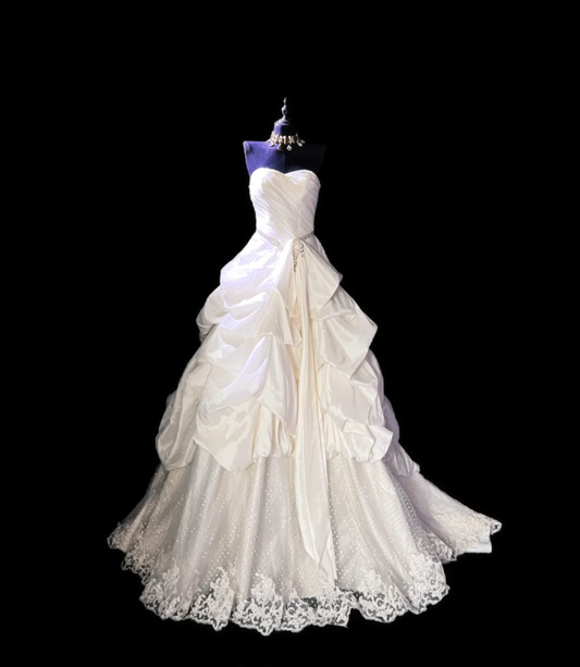 Gorgeous Strapless Satin Lace Pleated White Formal Wedding Dress Long Bridal Dress D550