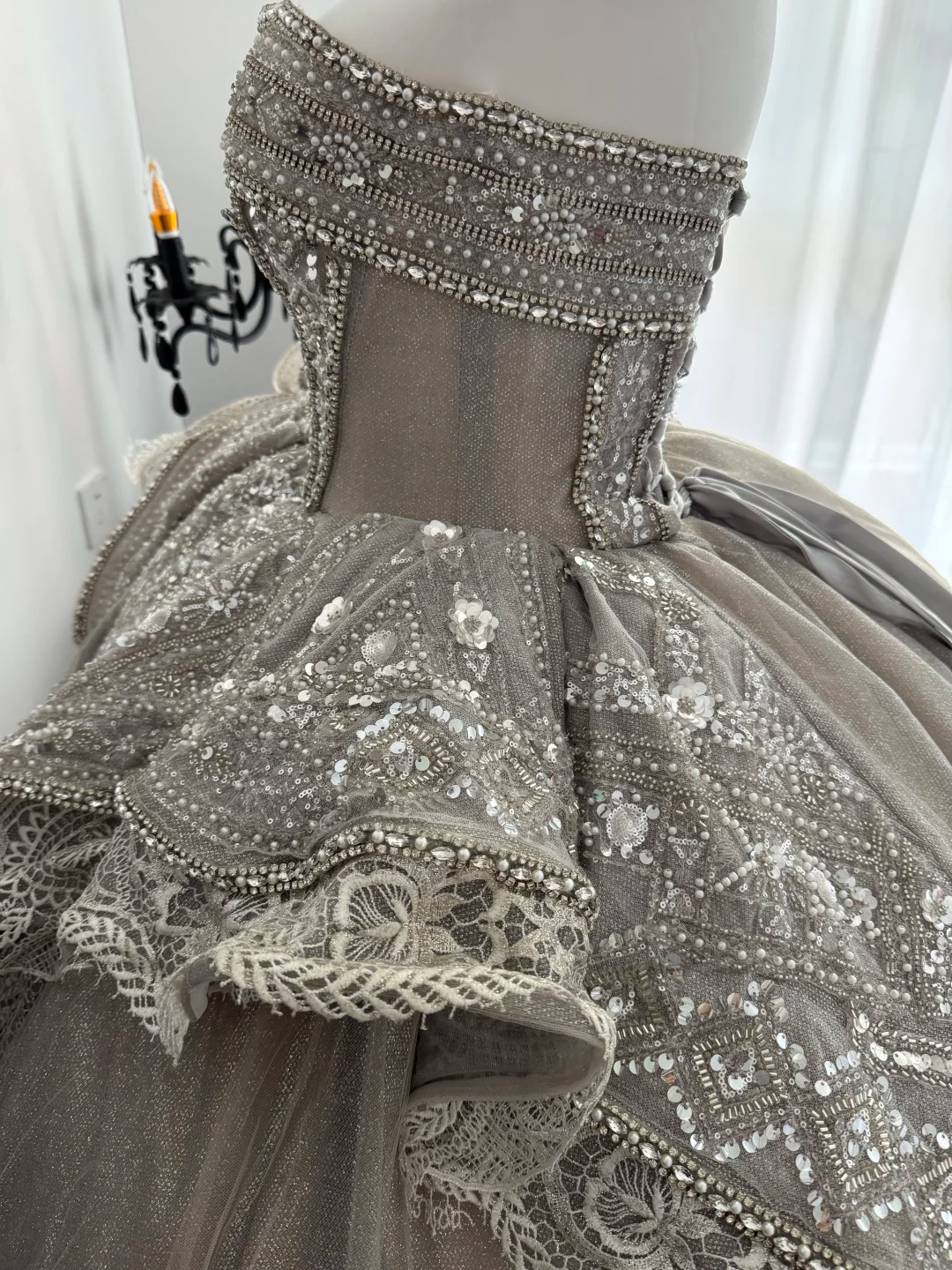 Vintage Strapless Gray Tulle Beaded Long Wedding Dress Bridal Gown D3697