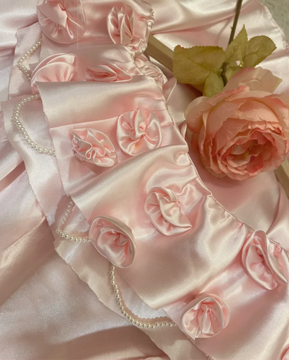 Sweet Pink Ball Gown Off The Shoulder 3D Flowers Beaded Long Birthday Party Dress Evening Gown With Gloves D2110