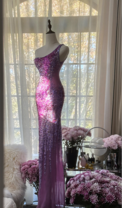 Glamorous Ombre Purple One Shoulder Chiffon Sequin Beaded Mermaid Long Evening Dress Birthday Party Dress D2096