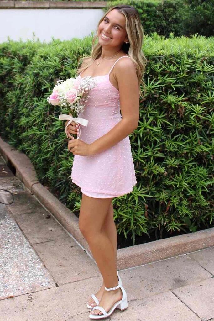 Charming Spaghetti Straps Pink Tulle Pearls Short Homecoming Dress Birthday Outfits D3736