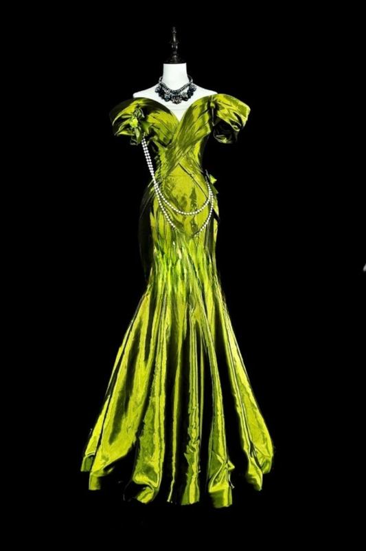 Unique Green Off The Shoulder Satin Pleated Mermaid Evening Dress Long Birthday Party Dress D1947