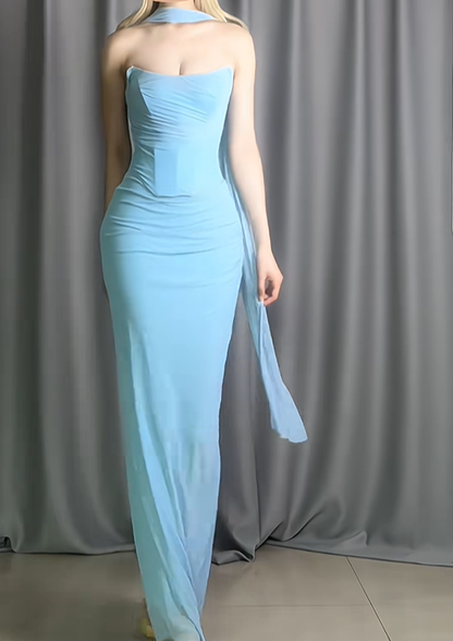 Elegant Strapless Blue Chiffon Mermaid Evening Dress Formal Birthday Prom Gowns With Scarf D2490