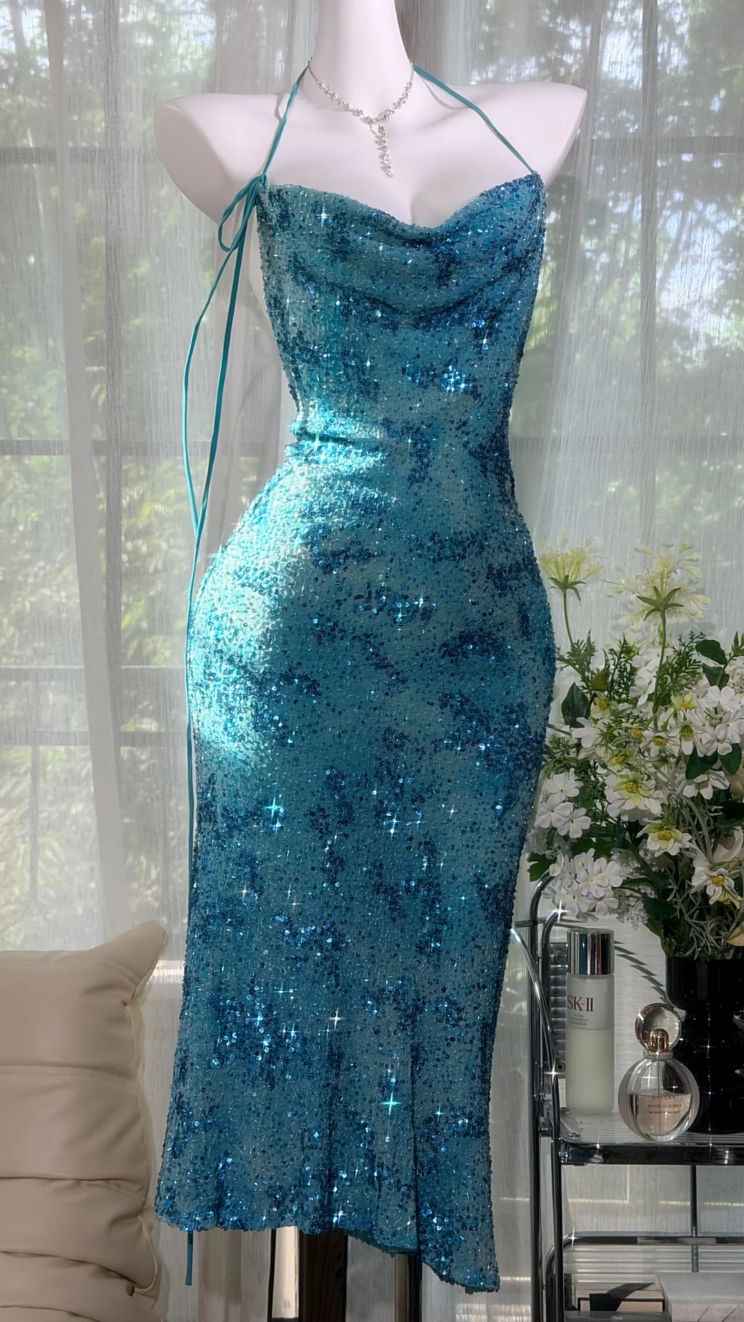 Sparkly Tiffany Blue Sequin Sheath Knee Length Prom Dress Birthday Dress D2937