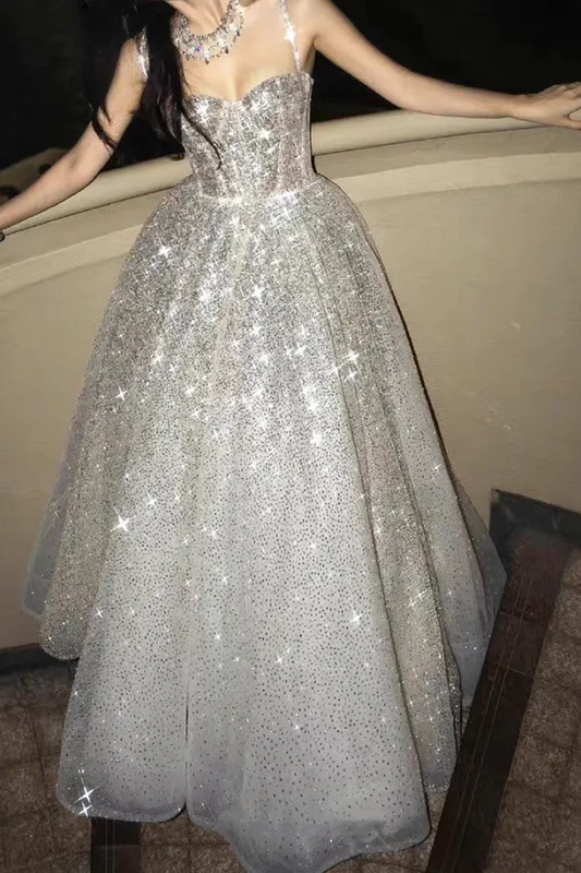 Glitter Spaghetti Straps Tulle Silver Sequin A Line Birthday Party Dress Long Evening Dress Prom Gown D1927