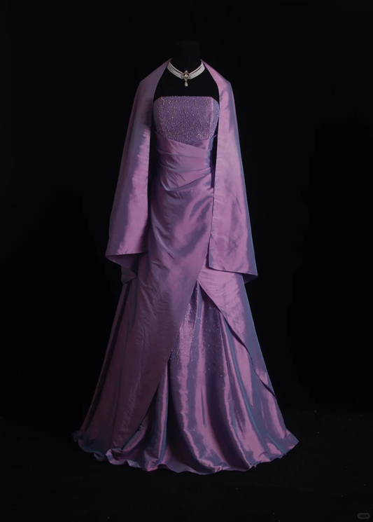 Vintage Purple Strapless Satin Beaded Long Party Dress Evening Dress D2848