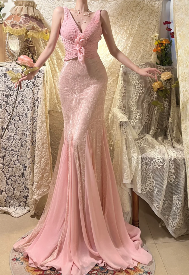 Classy V Neck Pink Lace Chiffon Mermaid Long Wedding Guest Dress Formal Prom Dress Party Gown D2134