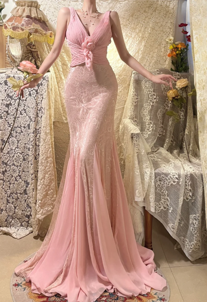 Classy V Neck Pink Lace Chiffon Mermaid Long Wedding Guest Dress Formal Prom Dress Party Gown D2134