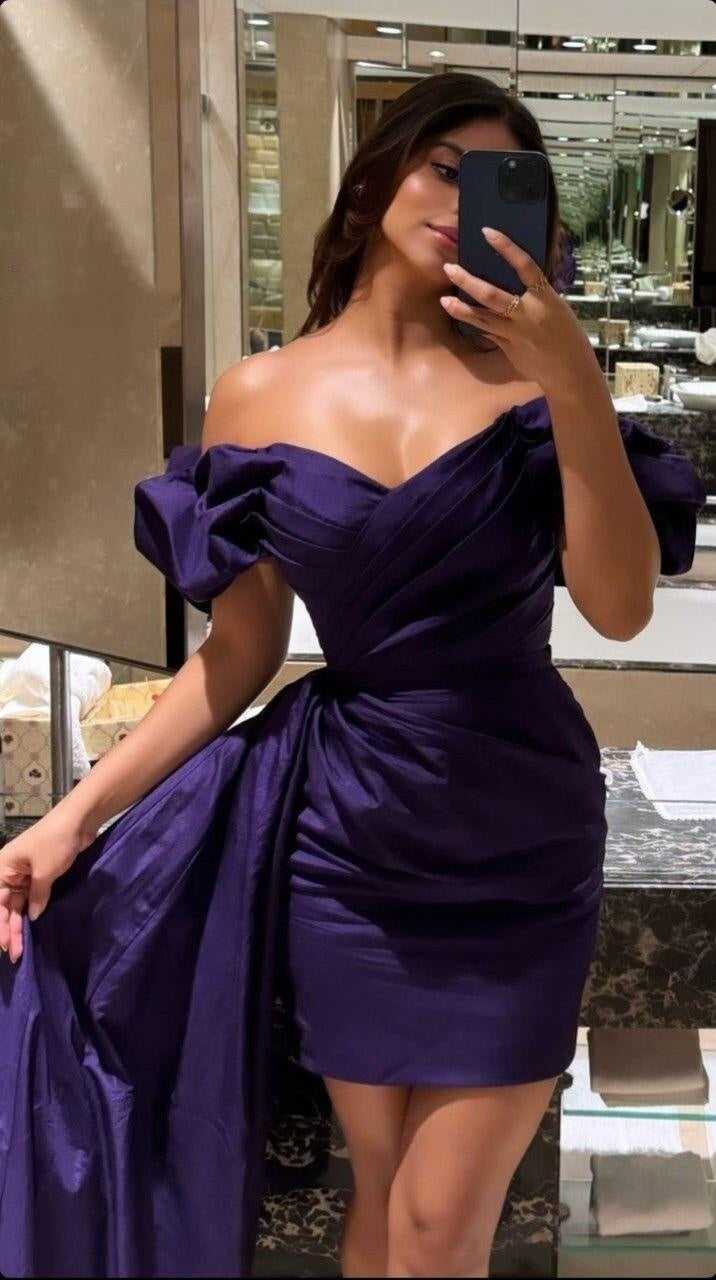 Elegant Purple Satin Sheath Short Graduation Homecoming Dress Off The Shoulder Mini Prom Dress D4658