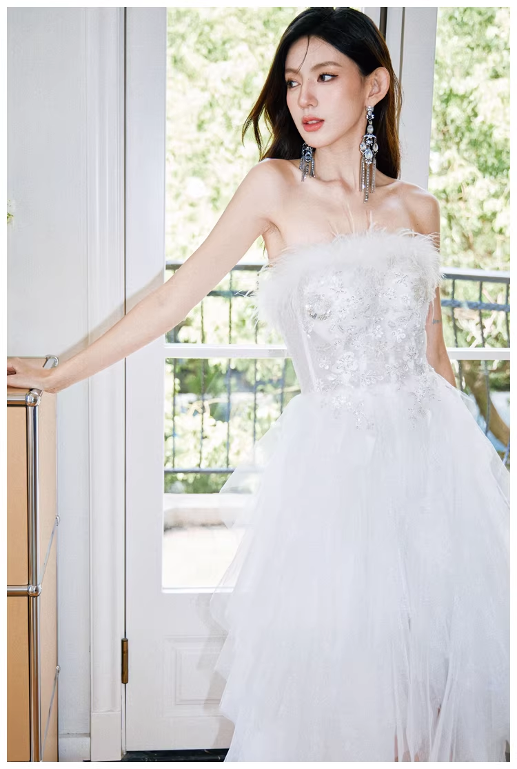 Classy White Feathers Strapless Embroidered Tulle Sequin Appliques Long Birthday Prom Dress Evening Gown D2403