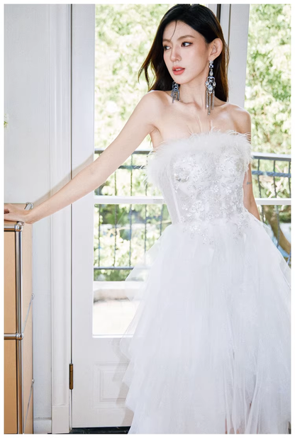 Classy White Feathers Strapless Embroidered Tulle Sequin Appliques Long Birthday Prom Dress Evening Gown D2403