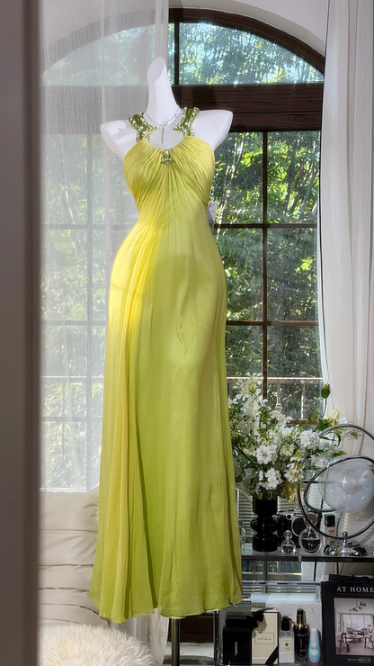 Pretty Halter Lemon Green Chiffon Beaded A Line Long Party Dress Backless Evening Dress D2933