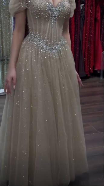 Elegant Champagne Tulle Sequin Beaded A Line Long Party Dress Off The Shoulder Long Birthday Evening Dress D4633