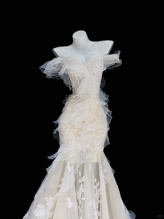 Elegant Off The Shoulder Tulle Ruffles Mermaid Long Prom Dress Birthday Party Gown With Appliques D2918