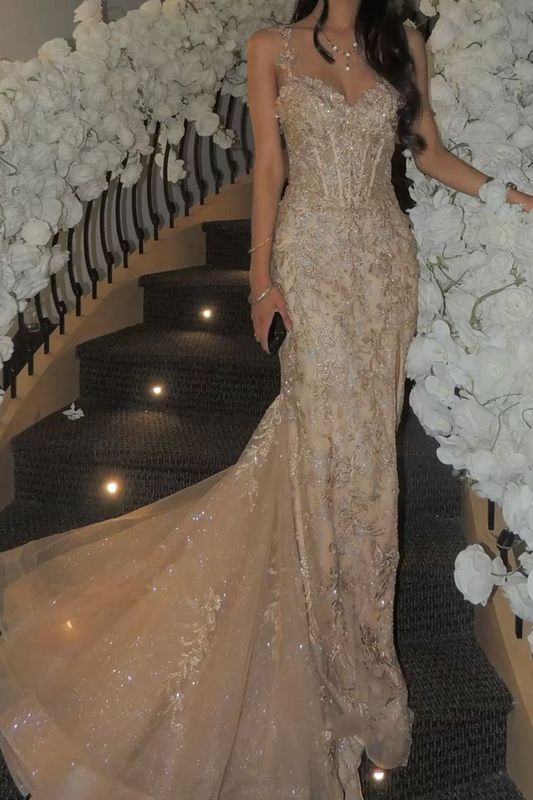 Charming Spaghetti Straps Champagne Tulle Sequin Mermaid Long Evening Dress Formal Birthday Party Dress D1861