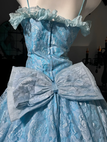 Sweet Blue Ball Gown,Spaghetti Straps Tulle Lace Floral Birthday Quinceanera Dress With Bow D3735