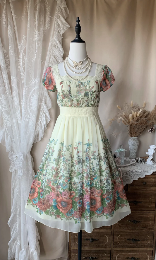 Chic Square Neck Lace Chiffon Print Floral A Line Short Homecoming Dress Birthday Outfits D3185