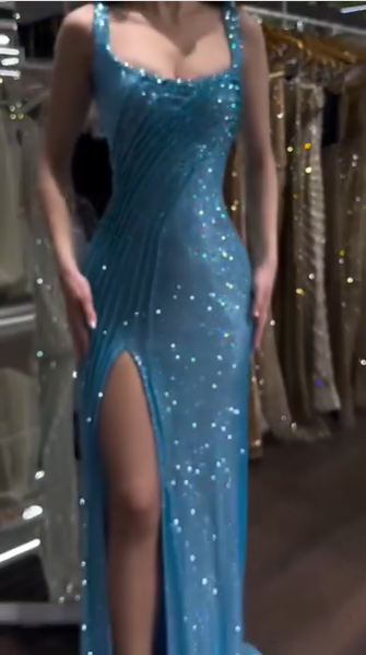 Gorgeous Blue Spaghetti Straps Sequin Slit Mermaid Long Evening Dress Birthday Prom Dress D1705