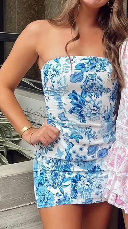 Unique Strapless Blue Satin Print Floral Sheath Short Cocktail Dress Formal Homecoming Dress D144