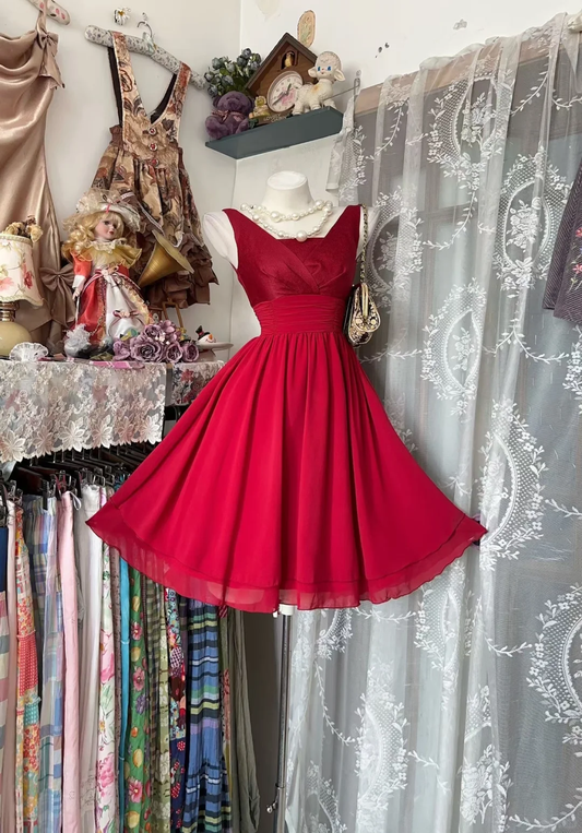 Retro Satin Chiffon A Line Short Prom Dress,Red Short 7th Grade Homecoming Dress D3193