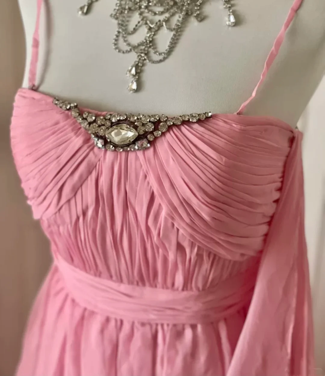 Pretty Spaghetti Straps Pink Chiffon Pleated Beaded Mermaid Long Evening Dress Prom Dress D3099