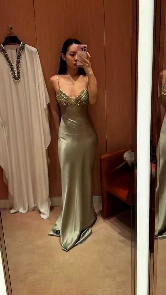 Fashion Spaghetti Strap Sage Green Satin Beaded Mermaid Long Evening Dress Birthday Party Gown D3491