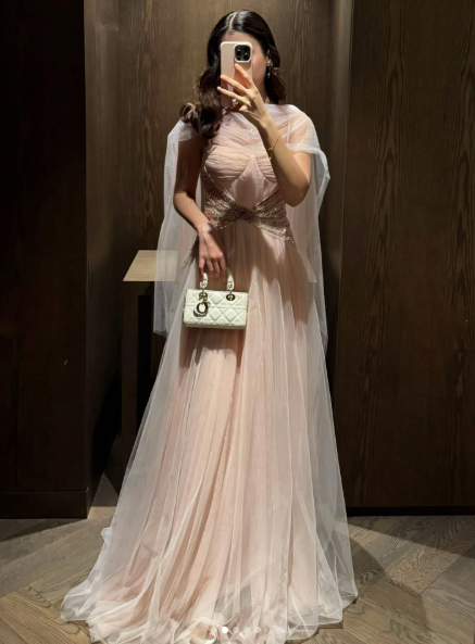 Charming Pink Tulle Beaded Long Party Dress Formal Wedding Guest Dress D1186