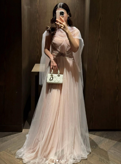 Charming Pink Tulle Beaded Long Party Dress Formal Wedding Guest Dress D1186