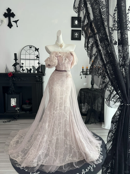 Glamorous Off The Shoulder Tulle Lace Mermaid Long Evening Dress Light Pink Long Birthday Party Dresses D4719