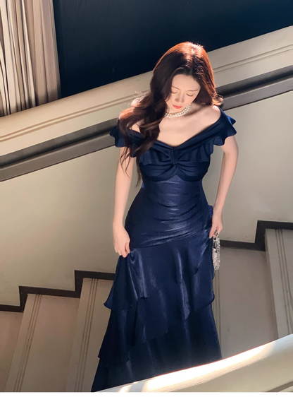 Stylish Navy Blue Off The Shoulder Satin Layered Ruffles Mermaid Long Evening Dress Prom Gown D2183