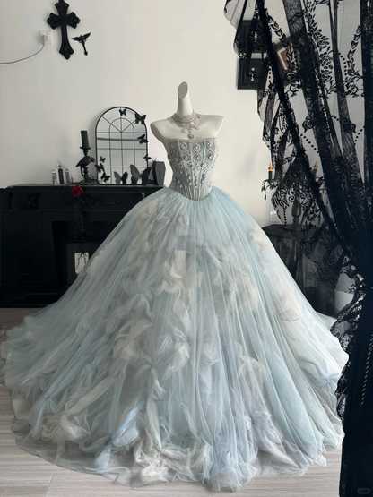 Elegant Strapless Blue Tulle Pleated Beaded Long Birthday Quinceanera Dress Sweet 15 Dress D4715