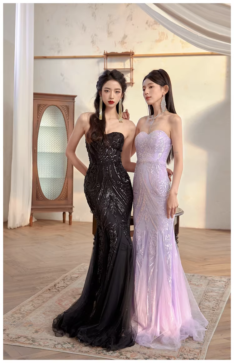 Gorgeous Sweetheart Neck Lavender Tulle Sequin Mermaid Long wedding Guest Dress Formal Evening Dress Prom Gown D2435
