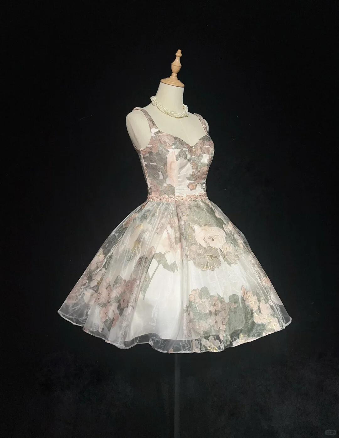 Charming Spaghetti Straps Tulle Floral A Line Short Graduation Homecoming Dress,Short Prom Dress D3381