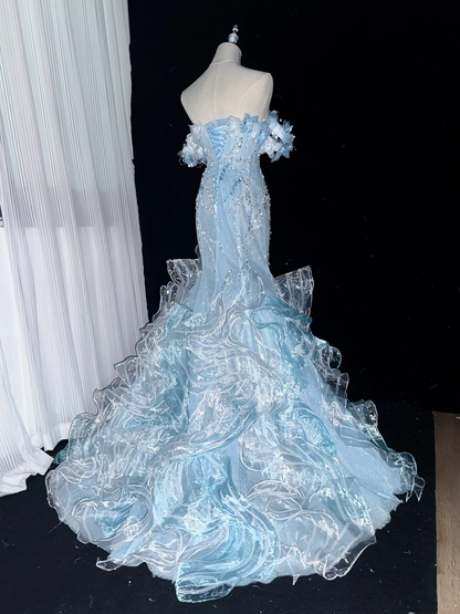 Glamorous Light Blue Mermaid Long Evening Dress Off The Shoulder Tulle Sequin Applique Party Dress D5168