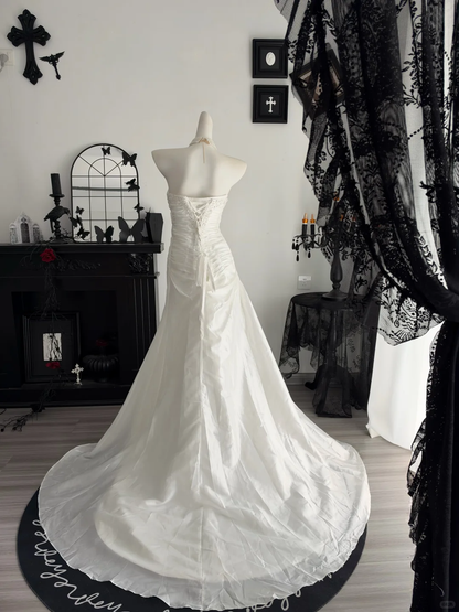 Classy Strapless White Satin Pleated Beaded Mermaid Long Party Dress Prom Dress D4702