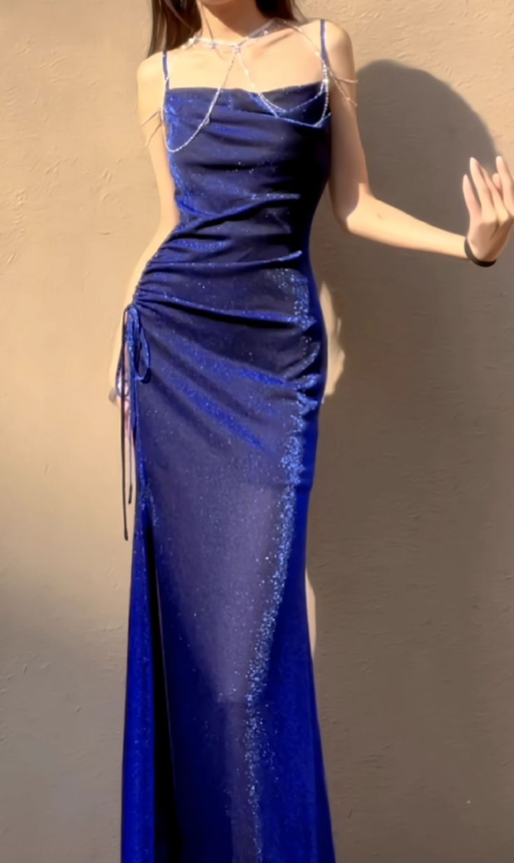Charming Spaghetti Straps Blue Tulle Sequin Slit Mermaid Long Party Dress Evening Gown D1399