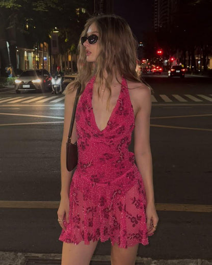 Glamorous Hot Pink Halter Sequin Beaded Short Homecoming Dress Birthday Outfits D3610